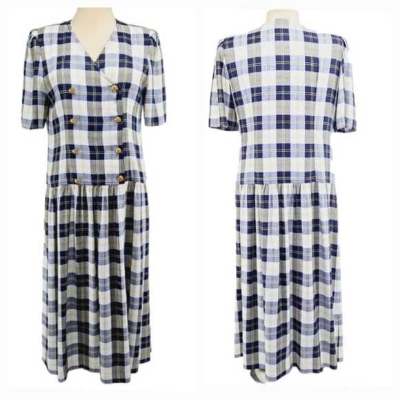 Lanz Originals Vintage Double Breasted Plaid Midi Dress in Blue  Size Large - Picture 1 of 10